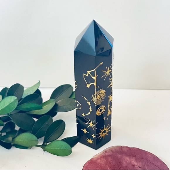 New Natural Obsidian Carved Artisan Sun 24k Gold Tower Point Crystal Decoration - Picture 11 of 16